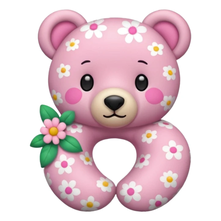pink teddy bear wearing a flower-patterned neck pillow, iPhone emoji style, cute and simple sticker