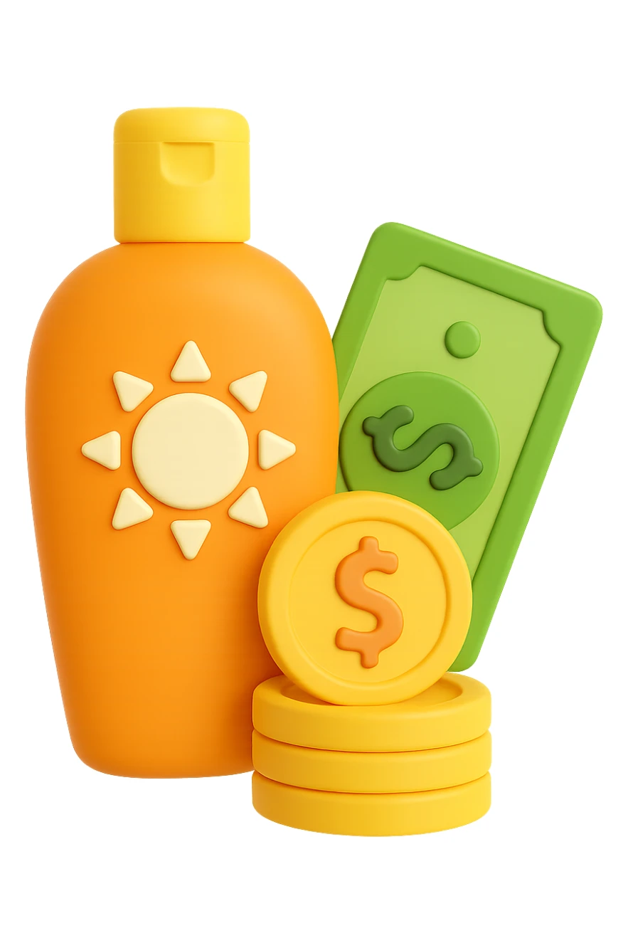 icona della crema solare con i soldi in 3d sticker
