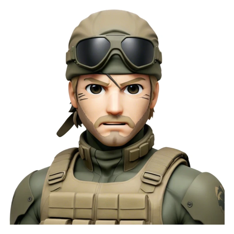 Cinematic Realistic Metal Gear Solid Snake Soldier Portrait, head tilted dramatically with an exaggeratedly amused expression, blending stealthy seriousness with a touch of unexpected humor. His rugged features, set against intricately detailed tactical gear in muted earth tones, are rendered with lifelike texture and dynamic lighting, high shine, dramatic yet whimsical, capturing the essence of a soldier whose epic covert skills are matched by a playful, irreverent spark. sticker
