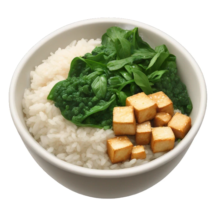 a bowl with white rice and crispy sesame tofu and spinach sticker