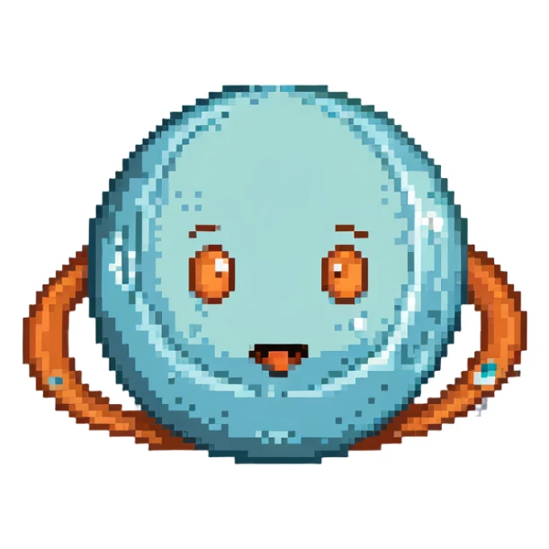 Uranus planet with light blue color, rings, and a cute expressive face sticker