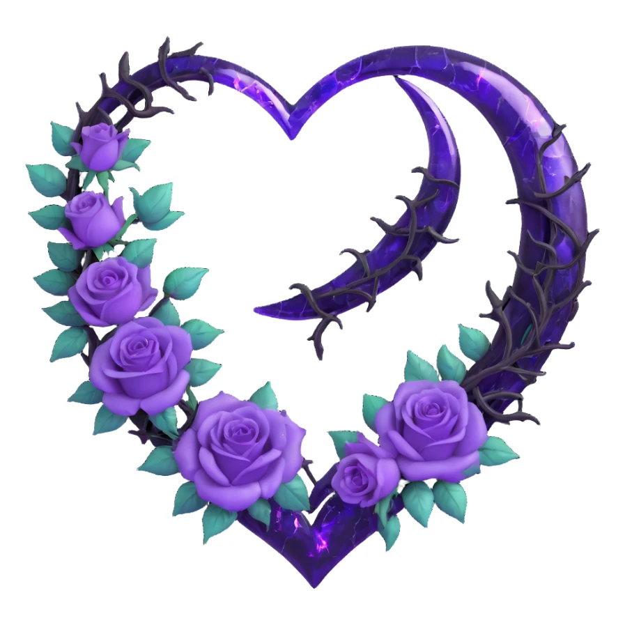 gothic heart made of midnight glass, silver crescent moon, glowing violet roses, holographic stardust, neon purple lightning, wet and cracked glass sticker