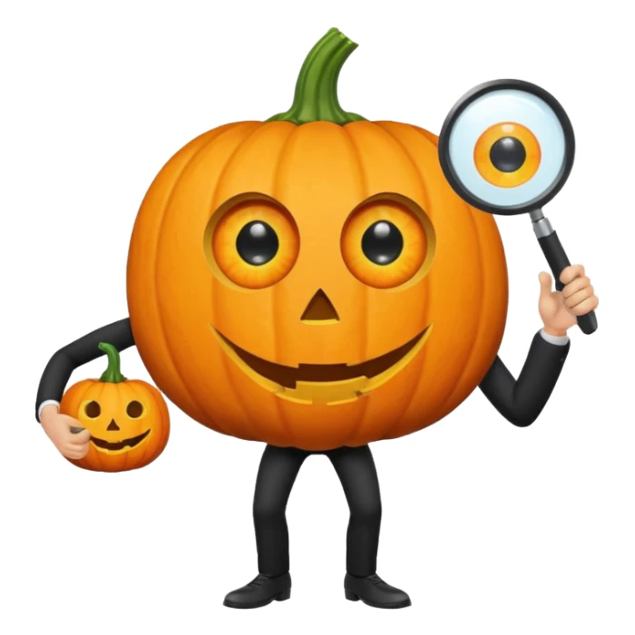 A pumpkin smiling at a magnifying glass (the magnifying glass has limbs and a suit thats black, the magnifying glass also has a eye, looks like a cyclops eye, one eye in the middle turn the magnifying glass into a living person) sticker