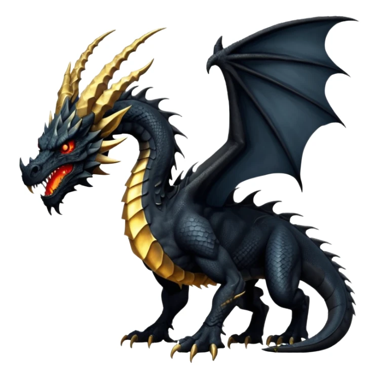 Massive ancient black dragon with obsidian scales, scarred powerful wings, glowing gold eyes, long curved horns, spiked neck ridges, and a brutal morningstar tail. Intimidating, muscular, regal presence. sticker