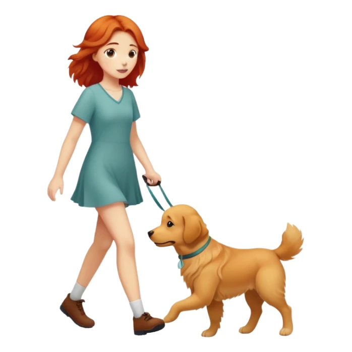 A red short-haired girl walking a golden retriever sticker