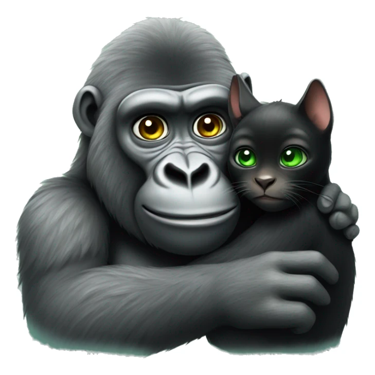 Friendly gorilla hugging a black cat with green eyes sticker