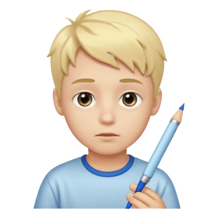 boy with watery eyes holding a pen sticker