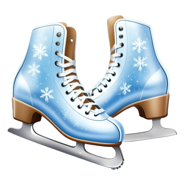 An icon showing In the background, twinkling lights, winter trees, and cheering spectators create a festive atmosphere. a pair of elegant ice skates gliding across a smooth, frozen rink with snowflakes in the air. Transparent background highlights the grace and charm of ice skating. sticker
