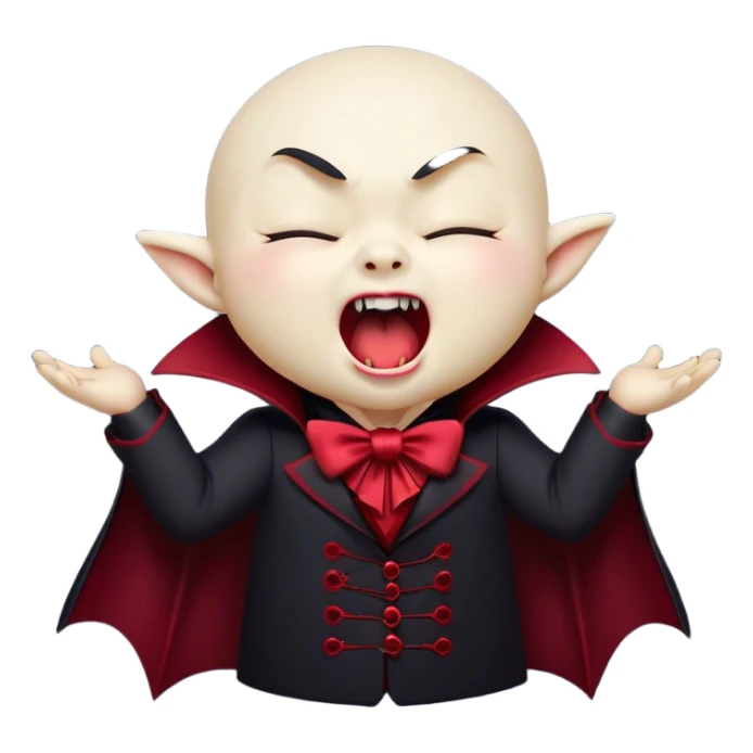 Cinematic Cute Yawning Vampire Portrait Emoji, with a small, rounded, charming pale face accented with tiny playful fangs and droopy, half-closed eyes, head tilted in an adorable wide yawn, dressed in miniature elegant dark attire with a hint of crimson, simplified yet irresistibly endearing, highly detailed with a soft, mysterious glow and gentle outline that captures the cute, drowsy side of an immortal! sticker