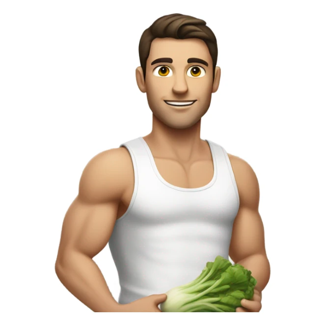 attractive white muscular brunette young man using a chopping vegetables sticker
