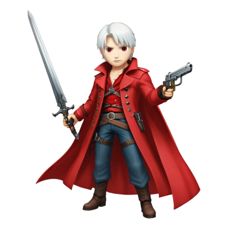 Dante from Devil May Cry with white hair, red coat, sword and pistols sticker