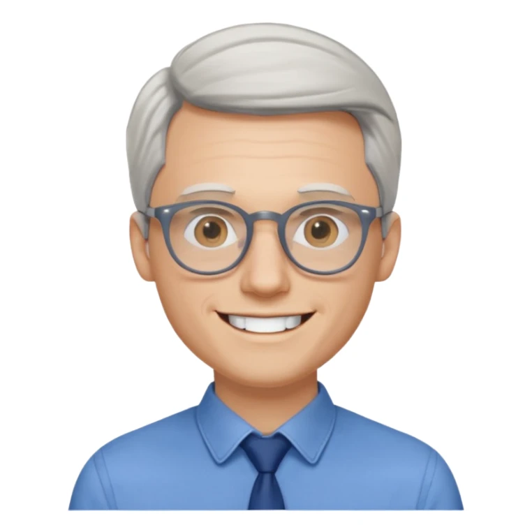 30 yr old pale white man, white/grey side swept stylish hair, round glasses, big smile, white teeth, handsome, longer hair, thin glasses, blue dress shirt sticker