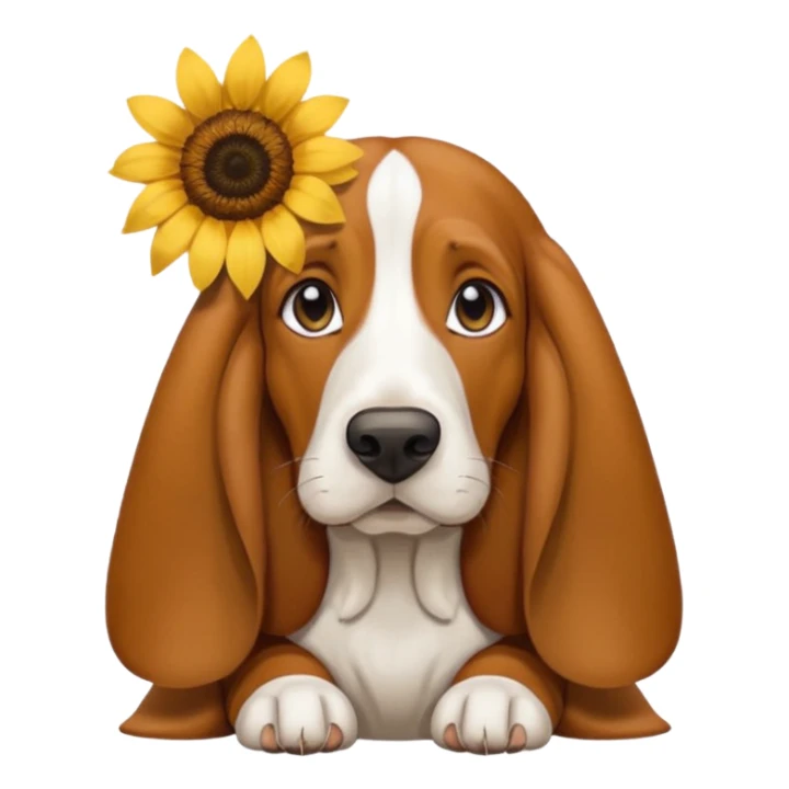 Basset hound with a sunflower tucked in her ear sticker