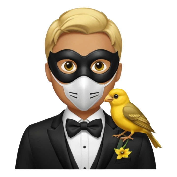 A man facing forward wearing a tuxedo with a mask depicting a yellow canary. sticker