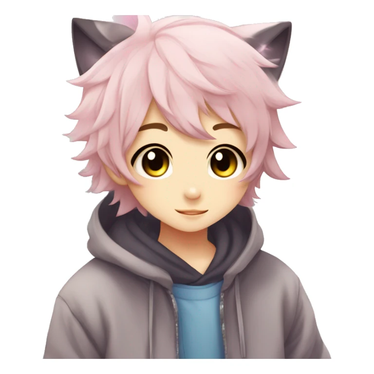 Cute Kawaii Beautiful Gorgeous Sparkly Shiny Blushing Anime Style Shojo Catboy With Pretty Hair And Hoodie Trendy Style Outside sticker