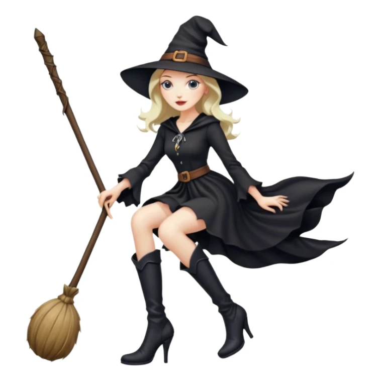 Tall thin witch on a broomstick wearing very high heeled boots sticker