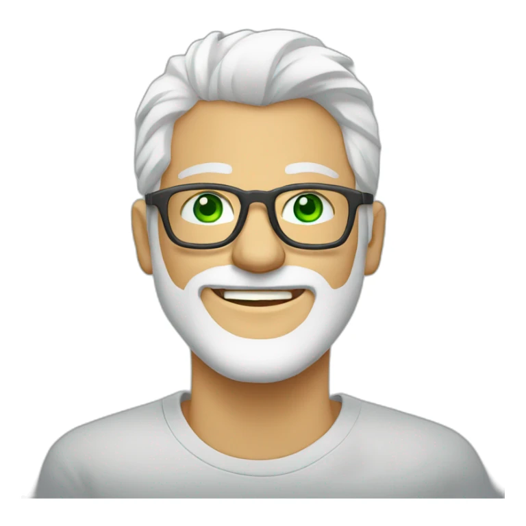 Man-white hair- glasses- green eyes- smiling-with-white-beard-tshirt-grey sticker