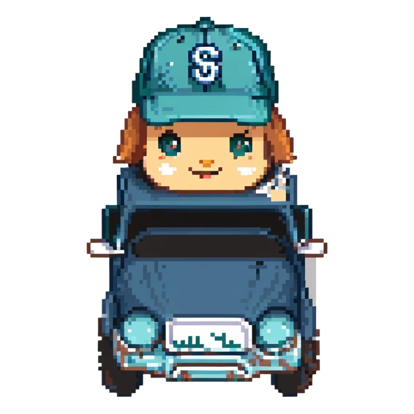 pixel art, cute dump truck, navy blue and teal green, Mariners baseball cap sticker