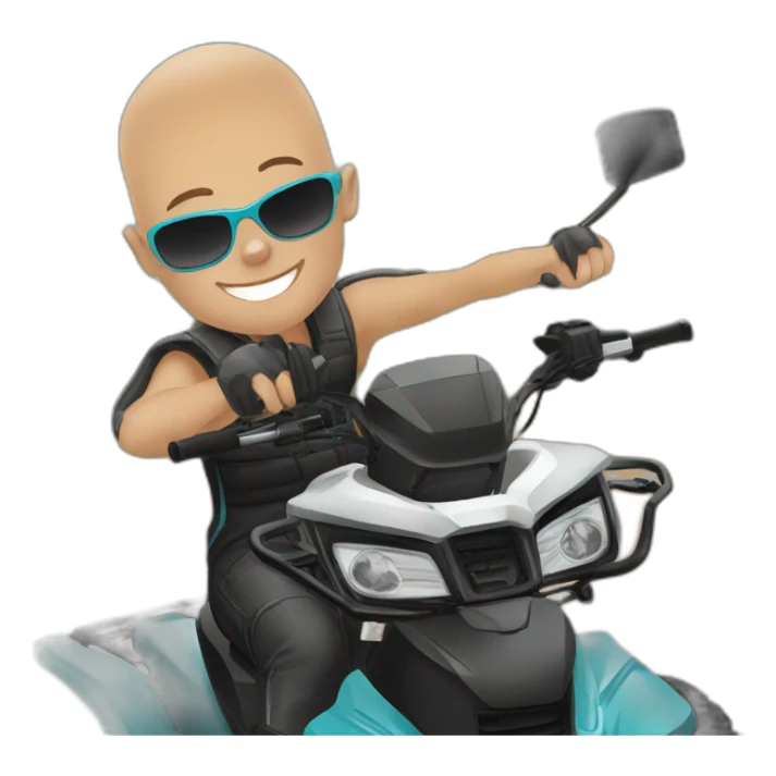 Young man on atv quad cfmoto, no hair, sunglass sticker
