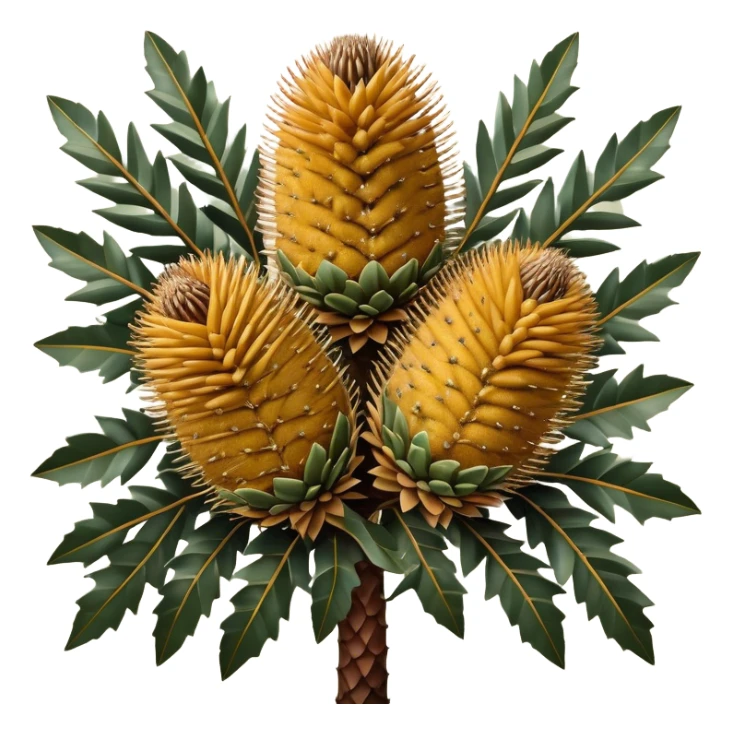 Cinematic Realistic Banksia Emoji, Bold and striking, with spiky, cylindrical flower heads covered in rich golden hues. The leaves are thick and leathery, adding a sense of strength to this unique and iconic tree. Soft glowing outline, capturing the essence of Australian ruggedness and floral beauty in a distinctive banksia tree! sticker