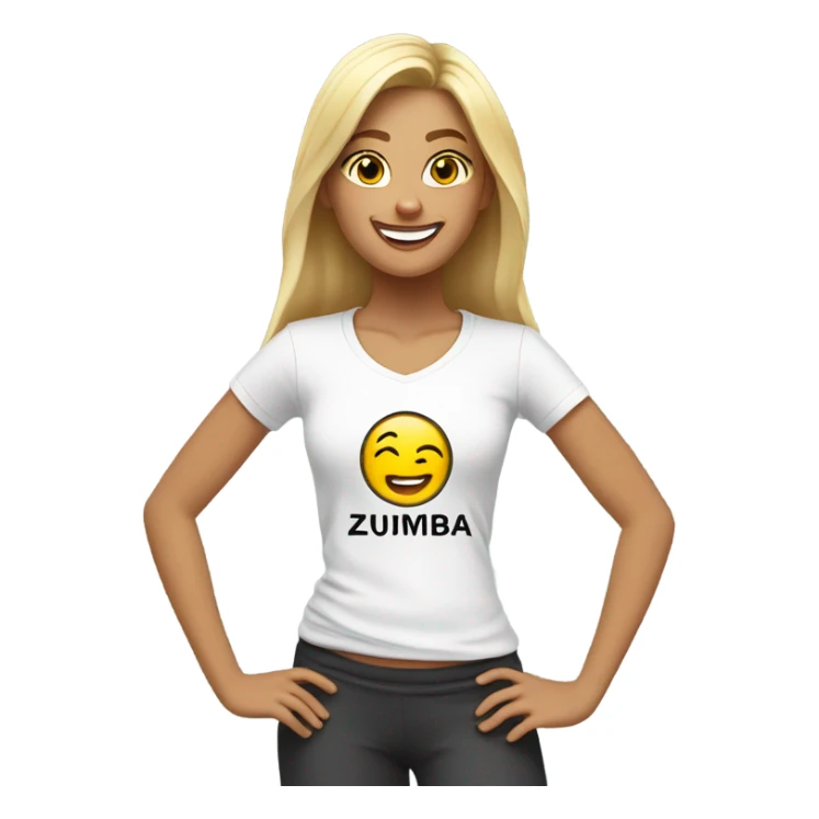 Blond girl smiling in with Zumba logo on white t-shirt sticker