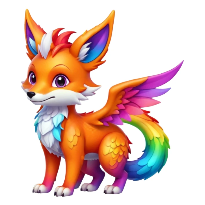 Cartoon Fox dragon hybrid with wings face front full body rainbow colored sticker