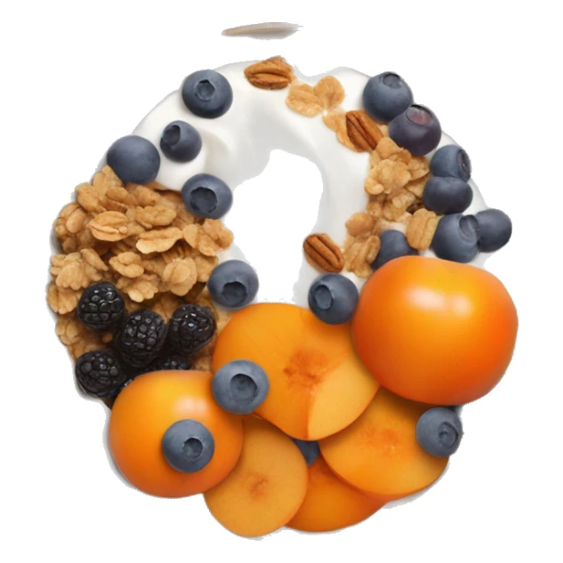 fruit bowl with persimmons, yogurt, chocolate chips, blueberries and granola sticker