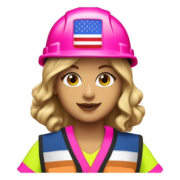Taylor Swift is a construction worker wearing a neon pink safety vest, hard hat and ear muffs with a patriotic patch on her vest. The background image is of the patriotic flag  sticker