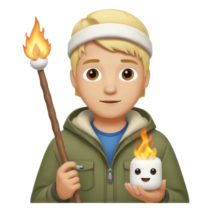 bşonde male with camping clothes holding marshmallow stick sticker