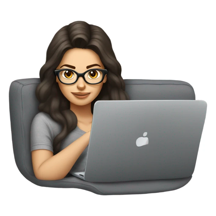 brunette girl laying on a grey couch with grey pillows with glasses on and a laptop on small table in front with coffee cup on mouse pad sticker