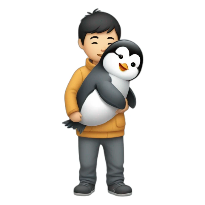 An Asian man carrying a baby penguin sticker