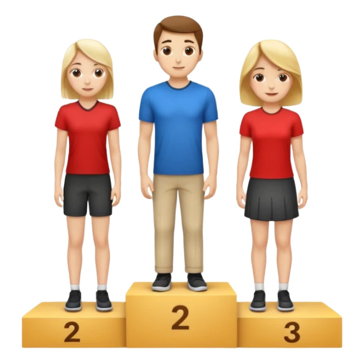 show people on podium in second, first then third position.  The podium should be labeled 2, 1, 3. The middle position should only have the number 1.  the people should be dressed causally in regular relaxed clothes

 sticker