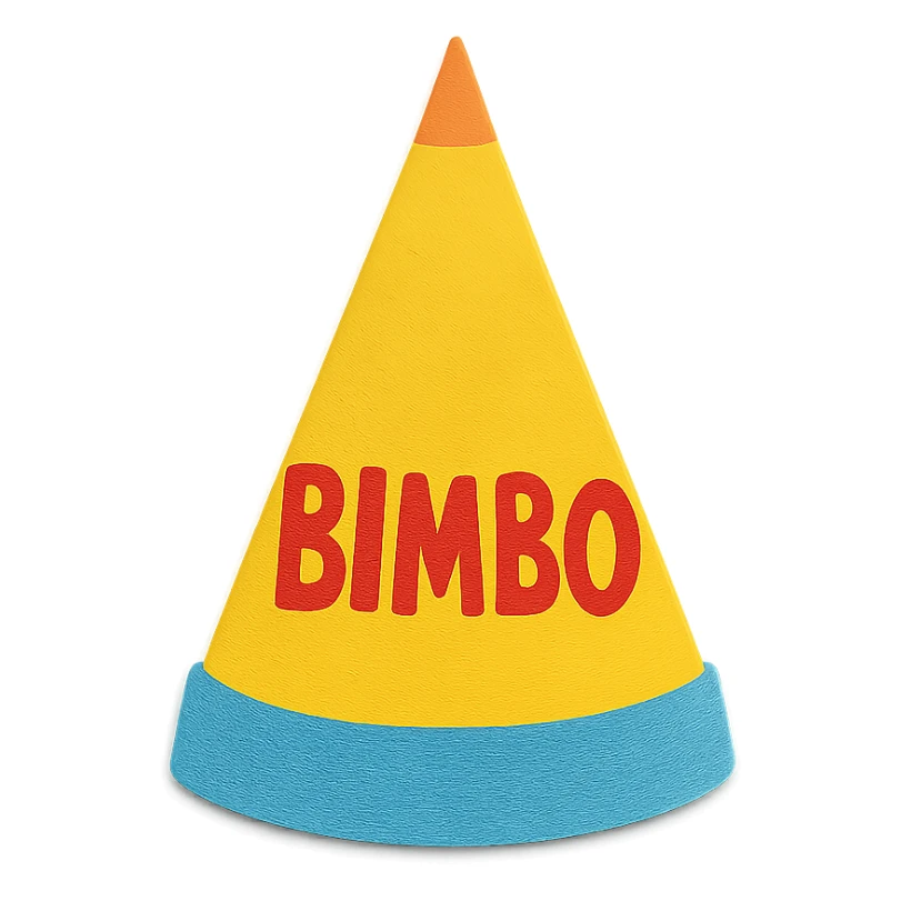 playful and colorful paper craft style dunce cap with 'Bimbo' text sticker
