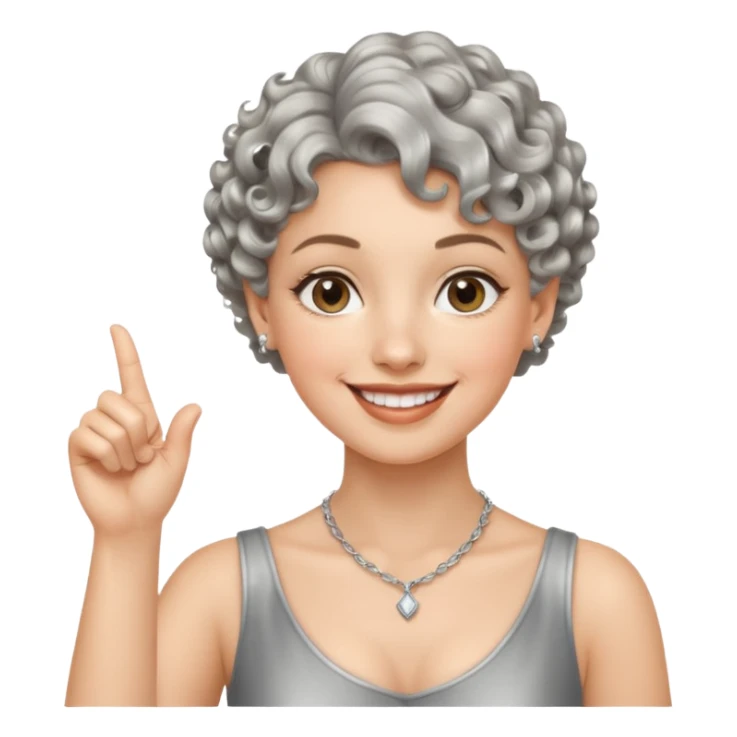 silver, short, wavy-haired with curls, smiling pretty lady, hopeful, pointing finger up


 sticker