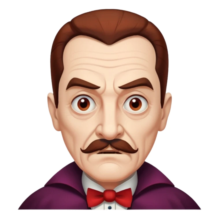 An elderly man with slicked-back reddish-brown hair, sharp brown eyes under heavy brows, and a white mustache, giving him a stern, Dracula-like appearance.  sticker