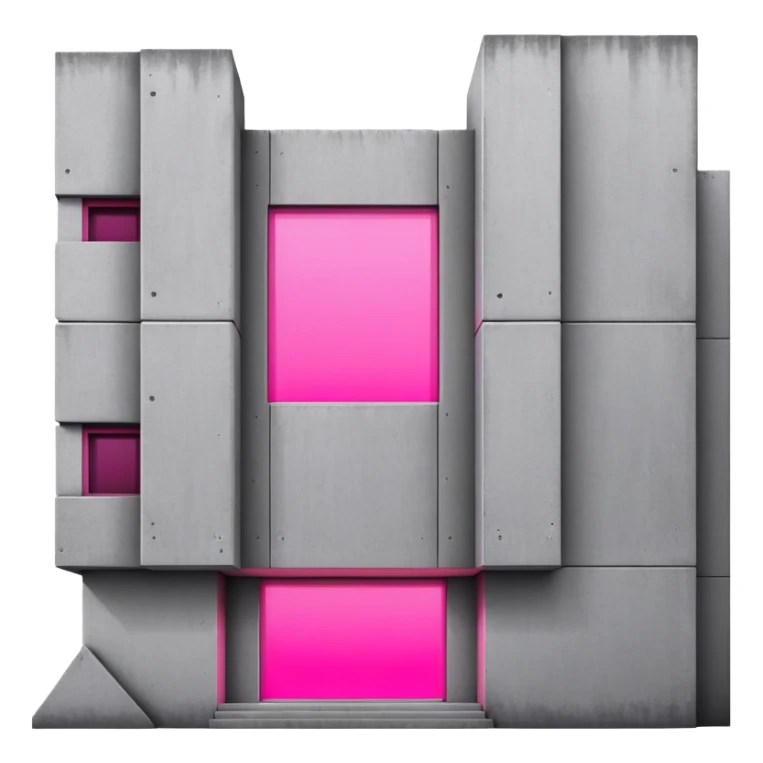 Minimalist gray concrete building with one window glowing bright pink, brutalist architecture sticker