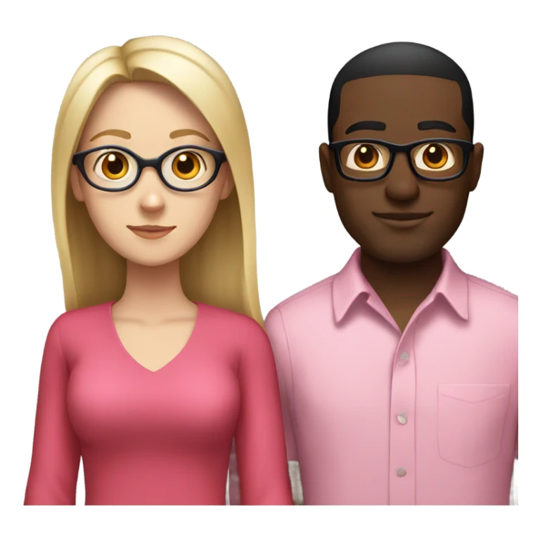 white woman with no glasses wearing a pink dress standing with a black guy with glasses wearing a red shirt sticker