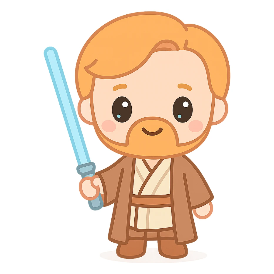 Obi-Wan Kenobi chibi style, oversized head, small body, holding blue lightsaber, Star Wars, plain background sticker