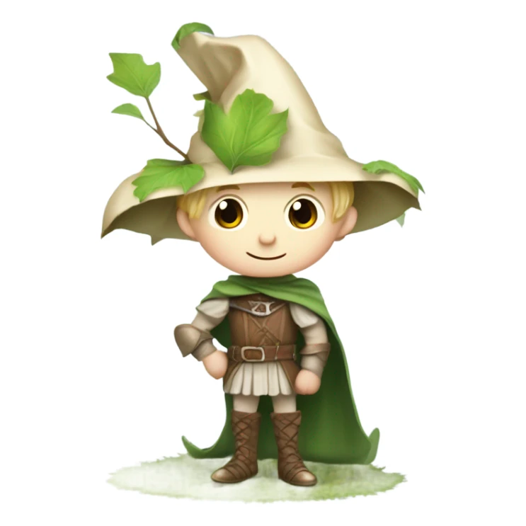 whimsical fairytale medieval pale boy who is tiny and wearing a giant leaf hat and big boots sticker