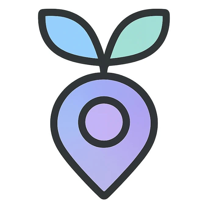 nutrition navigator icon Nora, abstract friendly symbol resembling sprout or leaf emerging from map marker, smooth gradient of light blue, light purple, and light gray, no human face or limbs sticker