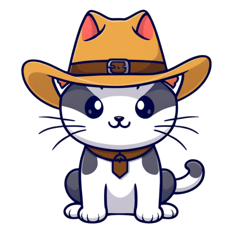 cat wearing a cowboy hat, cartoonish sticker style sticker