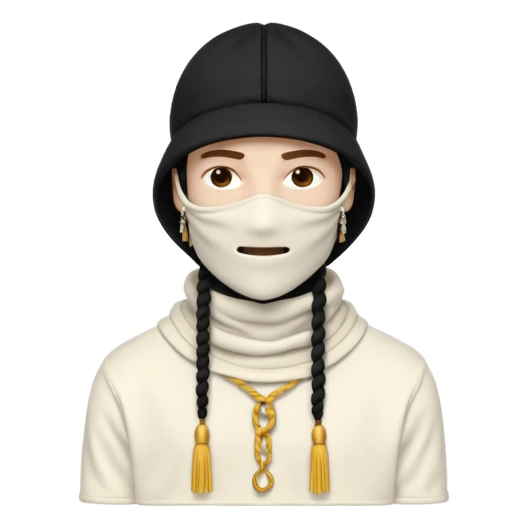 Ultra-detailed studio shot of a post-apocalyptic off-white balaclava — deconstructed, frayed, layered, with braided rope tassels and subtle embroidery. Minimalist white background, soft lighting, sharp focus. High-fashion streetwear aesthetic. The face of a person in a mask should not be visible sticker