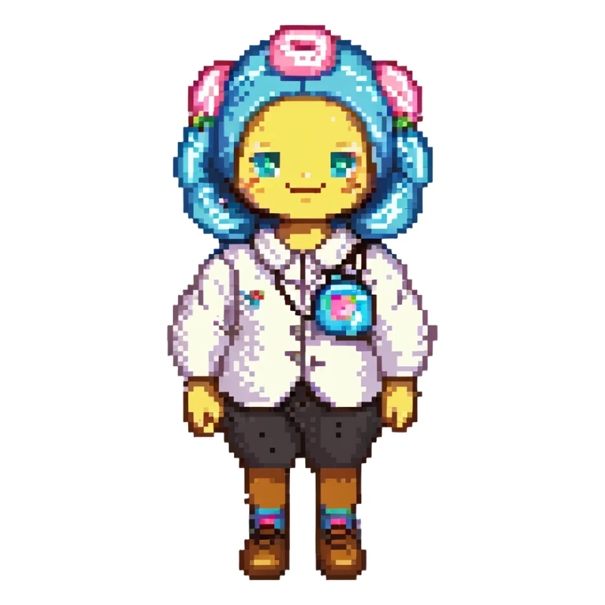 A whimsical candy-themed baker standing in a pastel pink confectionery lab. The walls are made of bubblegum bricks, the countertops shimmer like strawberry frosting, and the air sparkles with powdered sugar mist. The baker is extravagantly adorned: licorice swirls as shoul sticker