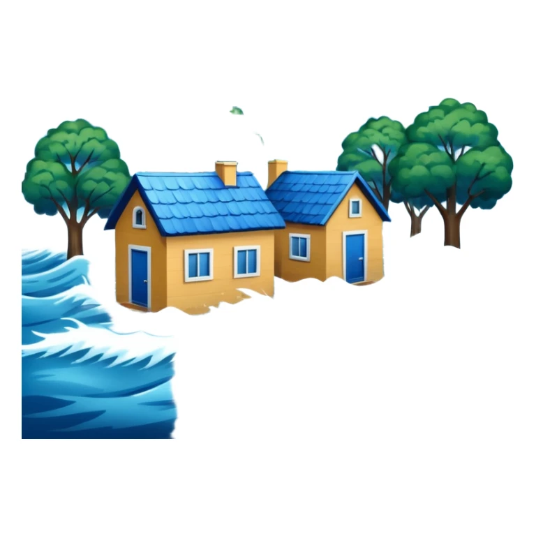 showing a flood disaster scene with powerful blue water waves overflowing around small houses and trees, dark cloudy sky, heavy rain falling, dramatic yet simple design sticker