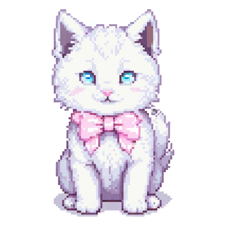 cute fluffy white kitten with a light pink bow, playful pose with one paw raised, pixel art style sticker