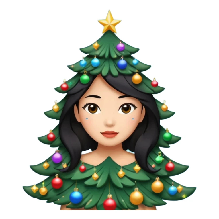 a asian woman whose black hair is a Christmas tree sticker
