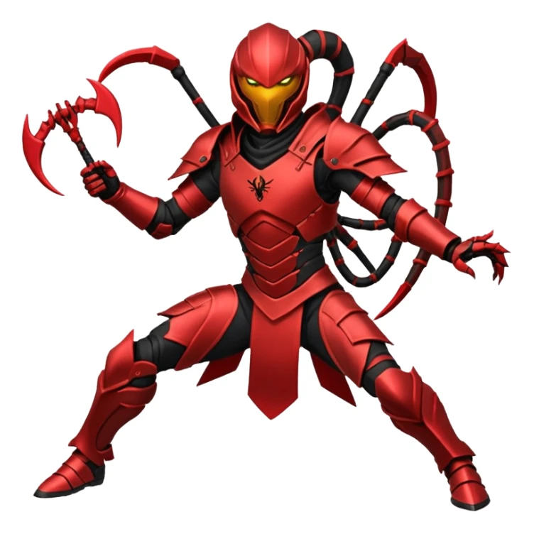 ⚡Look: Agile black-and-crimson suit with sharp angular armor Weapon: Energy whip that can split and paralyze multiple targets Details: Scorpion-like armor accents Vibe: Bold, dangerous, thrives in chaos Stance: Mid-spin, whip striking multiple foes sticker