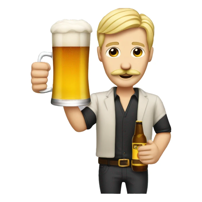 blonde thin guy with a mustache and a beer saying cheers sticker