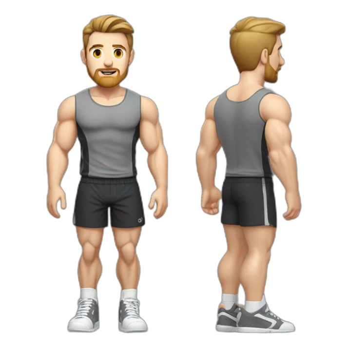 Full height Pale skinned muscular man With Realistic eyes and mouth, light brown hair and stubble In dark gray sleeveless mike, black oversize sports shorts, watch and white sneakers. sticker