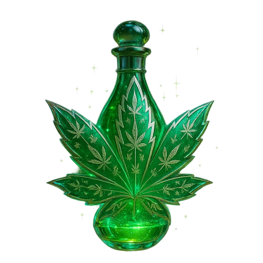 cannabis leaf-shaped luxurious elixir bottle or with cannabis motifs, vibrant green color, iridescent and silver details, maximum intense magical glowing and sparkling effects, very small neck, seamless bottom, transparent background, floating, no base or shadow, modern, matching a collection sticker